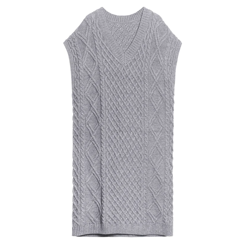 

XUXI Women Long Sweater Dress Mid-Calf Thick Loose V-Neck Sleeveless VestTank Dresses Fashion Knitting Spring Autumn 2021 FZ3650