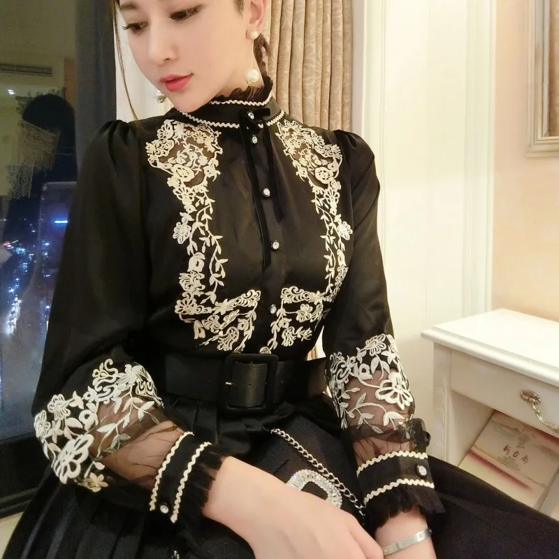 

Vintage Elegant Ladies Embroidery Dress Princess Turleneck Long Sleeve Party Pleated Dresses Belted Slim Fit High Waist Vestidos
