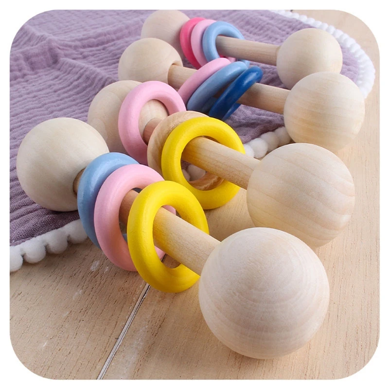

4PCS Baby Teether Toys Toddlers Wooden Rattle Wood Grasping Teething Rodent Ring Chew Play Gym Montessori Stroller Toy