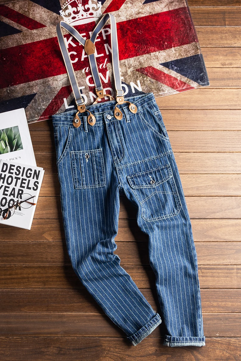 Японский ретро джинсовый комбинезон мужская мода полосатый нагрудник подтяжки