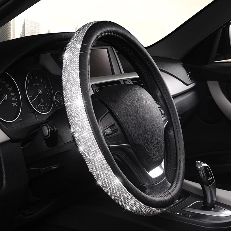 autoyouth cystal steering wheel cover with pu leather bling bling rhinestones universal 15 inch auto steering wheel black silver free global shipping