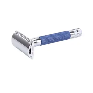 Бритва для влажной и безопасной бритвы Yaqi, синего цвета, из латуни, с тяжелой ручкой