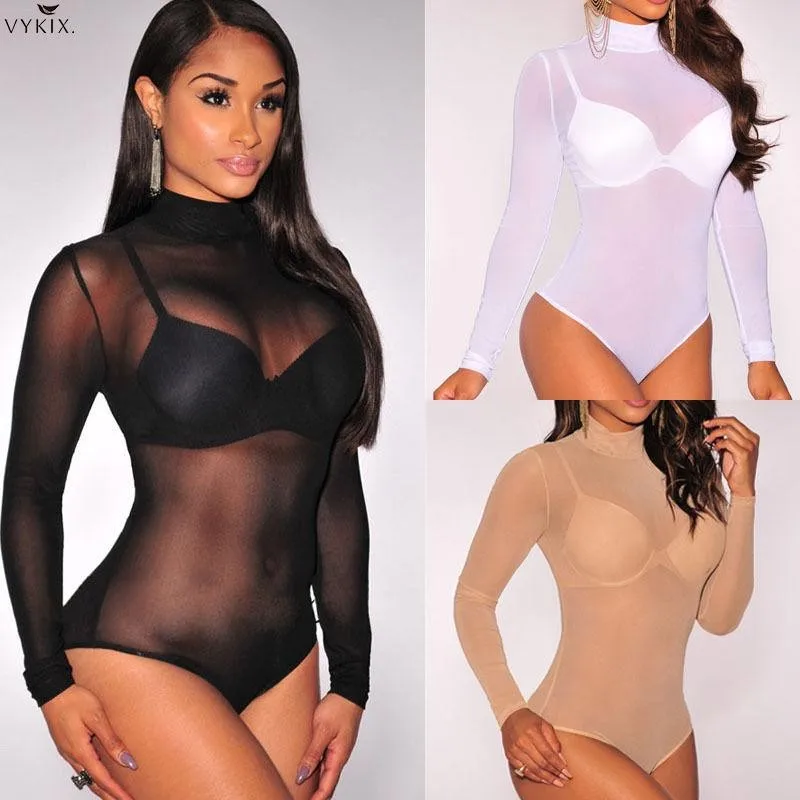 

Hot Women's Sheer Mesh Turtleneck Neck See Through Leotard Body Tops Sexy Mesh Unlined Mock Neck Long Sleeves Bodysuits New