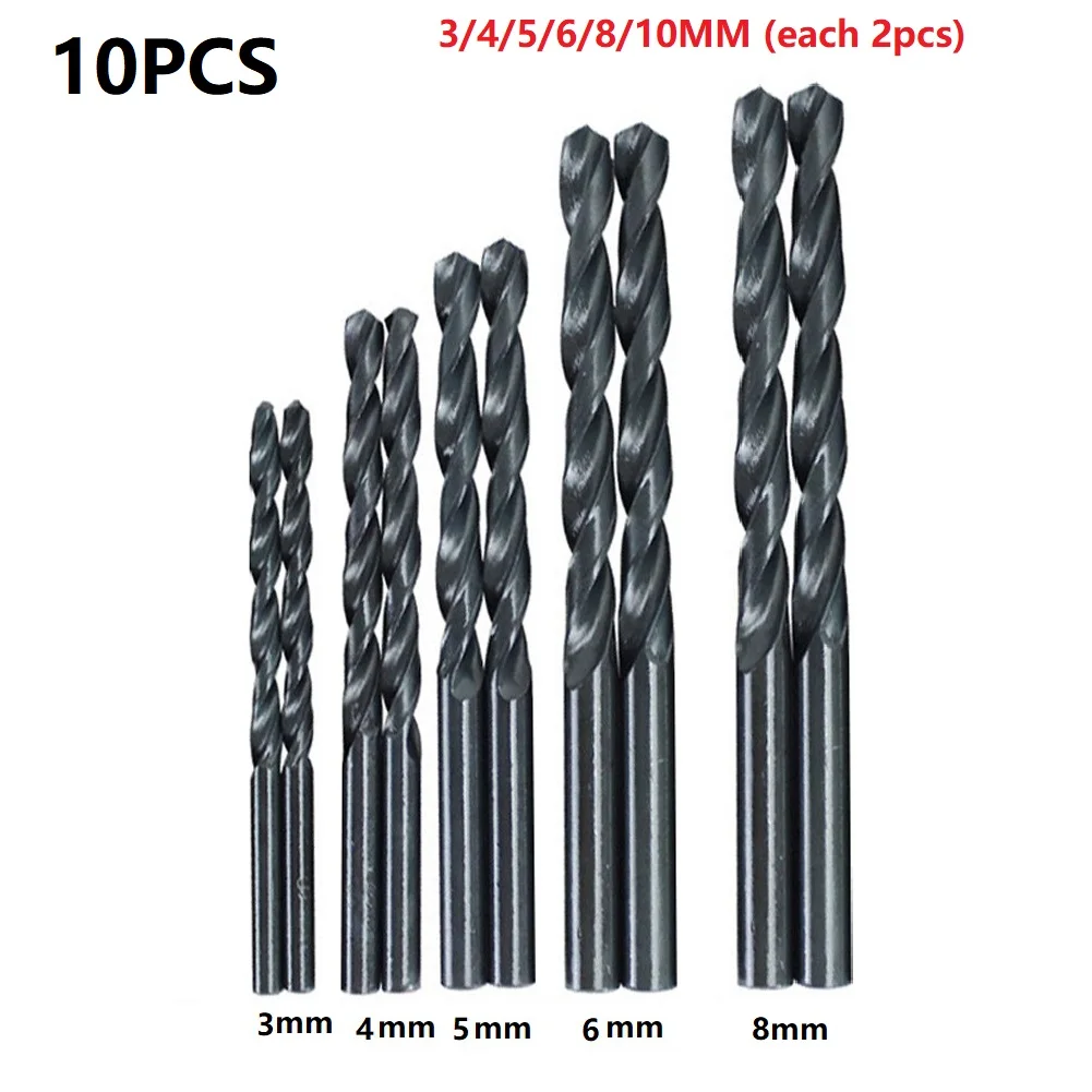 

10Pcs Hss 1/4" Hex Shank Twist Drill Bit Black Coated Wring Drill Bits Set Carbon Steel Material 3/4/5/6/8mm Power Tools
