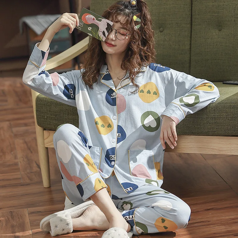 

Autumn New 2PCS Pajamas Suit Women Cotton Casual Shirt&Pant Nightwear Cute Polka Dot Print Home Clothes With Pocket Sleepwear