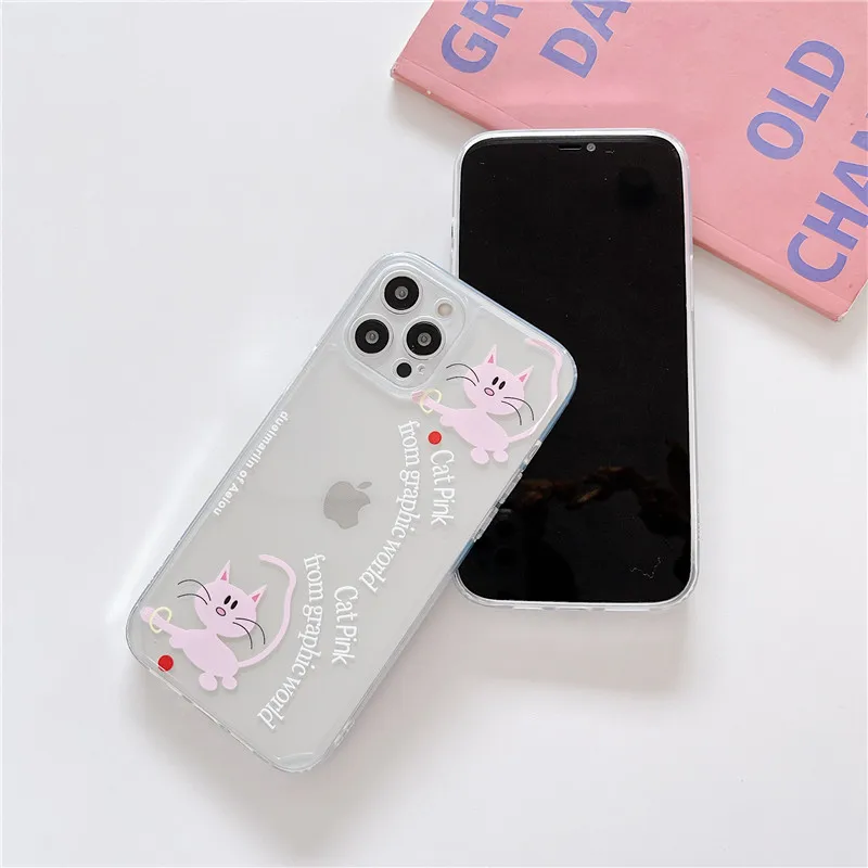 

Cute Cartoon Pink Cat Phone Cases For iPhone 12 Mini 11 Pro XS MAX XR X 8 7 Plus SE 2020 Fashion Straight Edge Soft TPU Cover