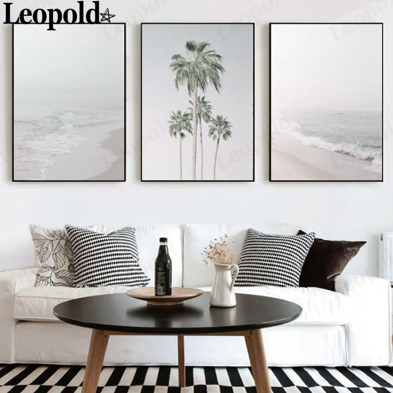 

Modern Minimalist Poster Landscape Canvas Poster Coconut Tree Wave Beach Poster Wall Art Nordic Living Room Home Decoration