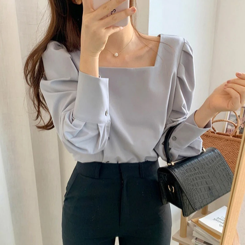 2020 Square Collar Exposed Clavicle Single-Breasted Solid Color Slimming Lantern Sleeve Shirt Harajuku Women Shirts Blouse