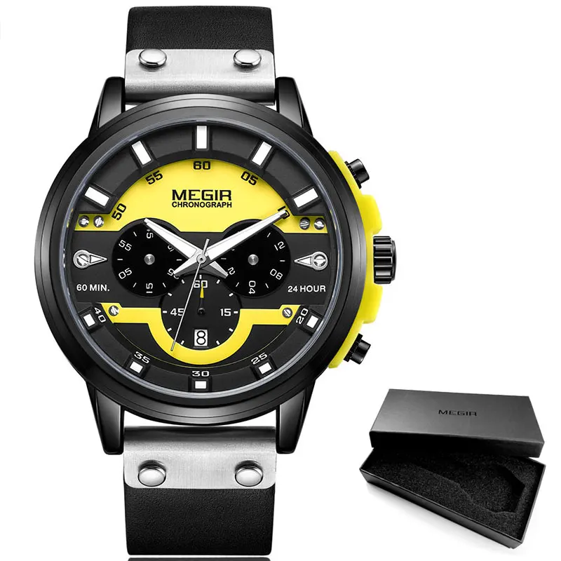 ML2080G-Yellow MEGIR Новые мужские кварцевые часы с хронографом Relogios Masculino с кожаным ремешком военные спортивные наручные часы 2080 синий - Цвет: ML2080G-Yellow