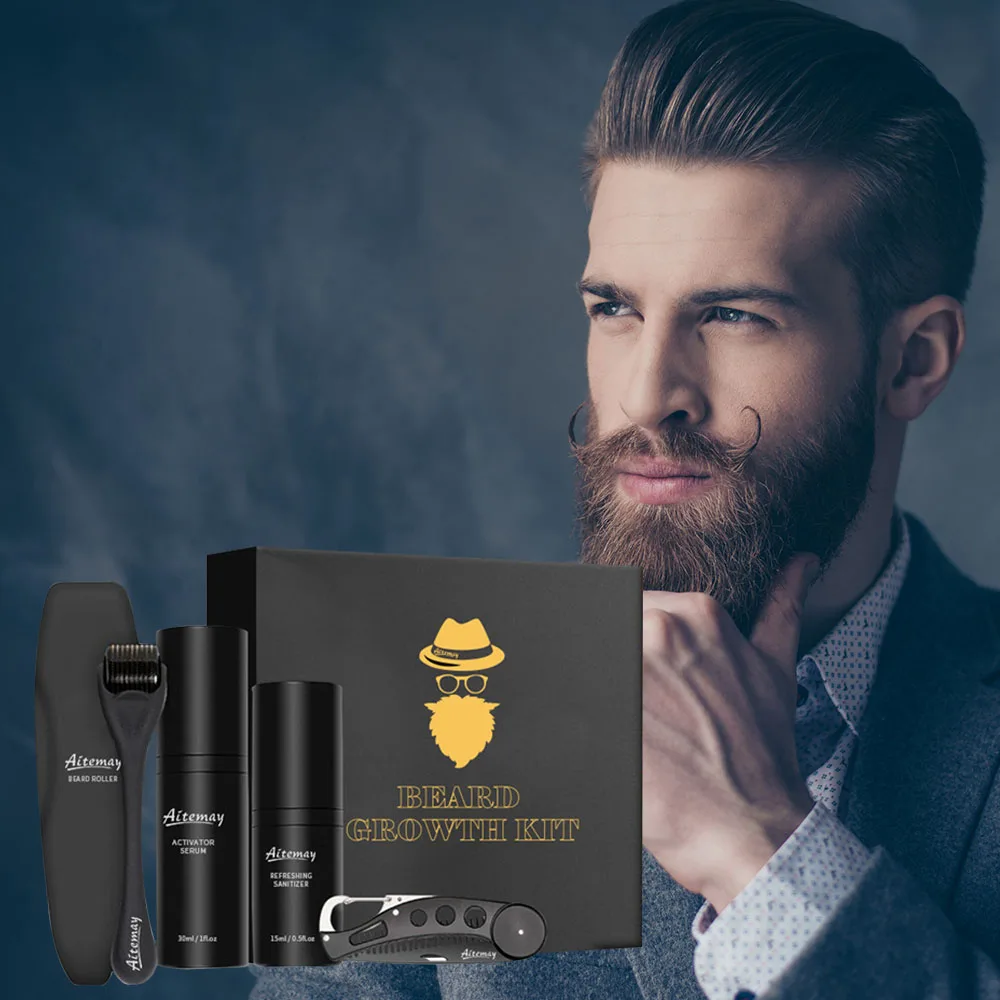 

4 Pcs/set Barbe Beard Growth Kit Hair Growth Enhancer Thicker Oil Nourishing Essence Leave-in Conditioner Beard Care with Comb