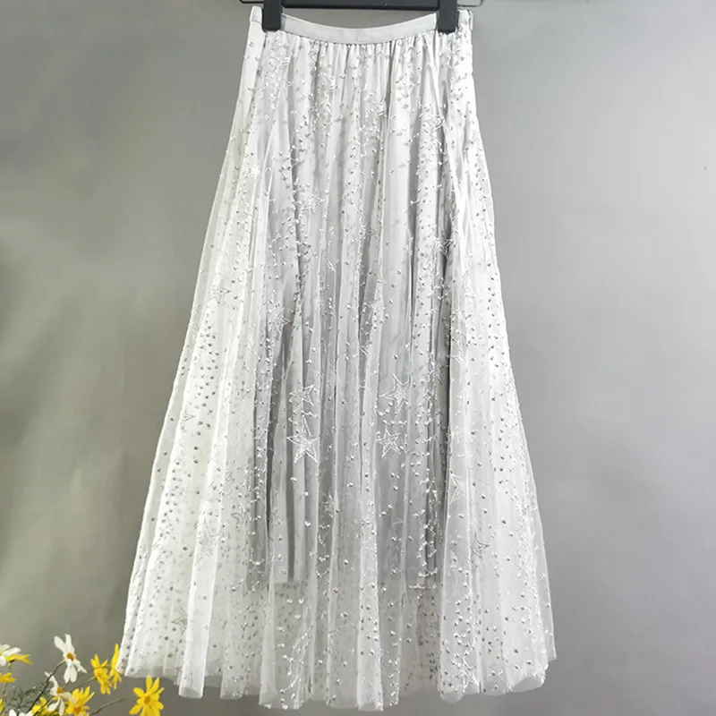 

New ins ultra thin 6 meters tall waist of fire embroidery A word gauze chic fishtail skirt female bust skirt of the