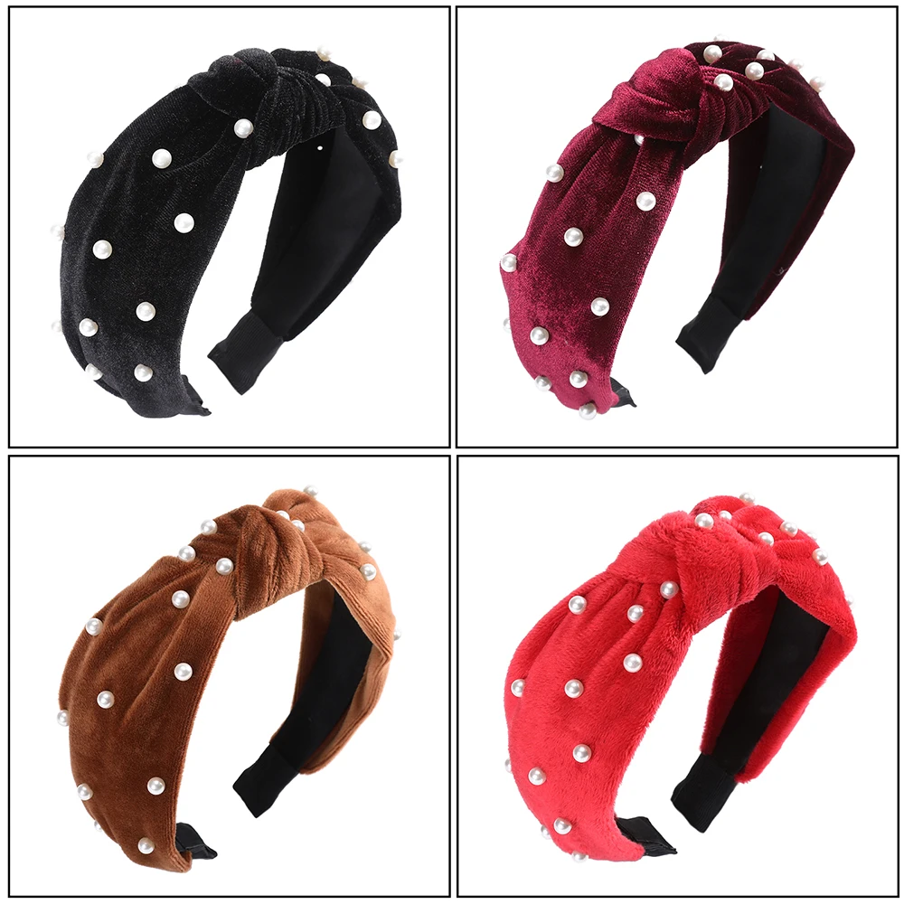 Новинка Бархатная повязка на голову с жемчугом кораллового цвета Однотонная