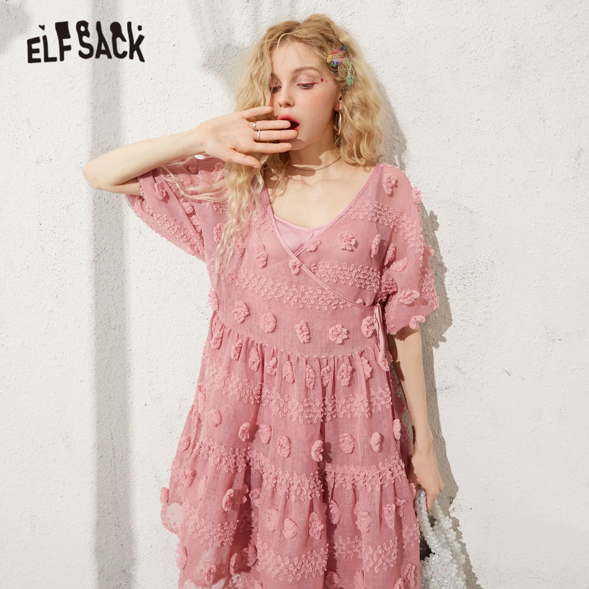 Женское шифоновое платье ELFSACK розовое однотонное Повседневное с цветочным