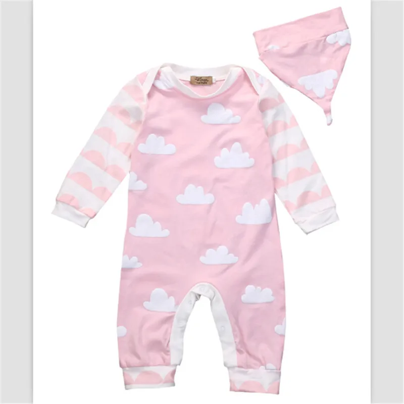 Pudcoco Infant Clothing Cute Newborn Rompers Baby Kids Girls White Clouds long sleeve Pink Romper +Hat Outfits 2 PCS Clothes Set | Детская