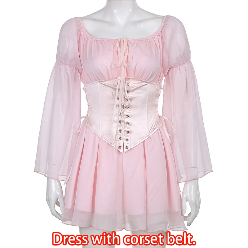 

Chiffon Slash Neck Mini Dress Women Summer Beach Vacation Long Sleeve Corset Bandage Sundress Party Casual Dresses Pink