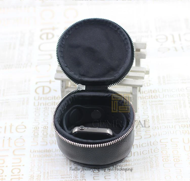 

High Quality Genuine Leather Watch Storage Box Round Watch Packaging Case watch Travel Ziplock Bag Protable