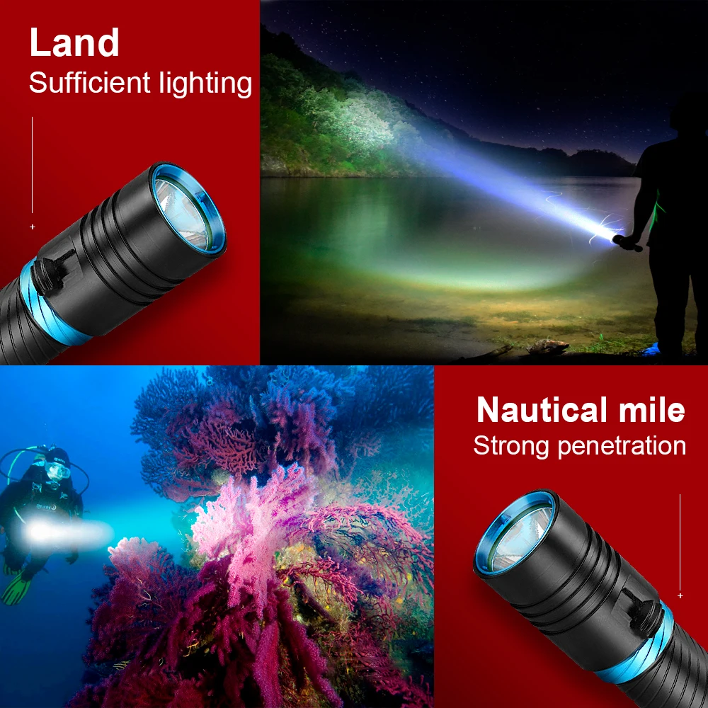 

100M Diving led flashlight torch cree xm l2 rechargeable 18650 26650 Underwater lantern flash light hunting waterproof lamp