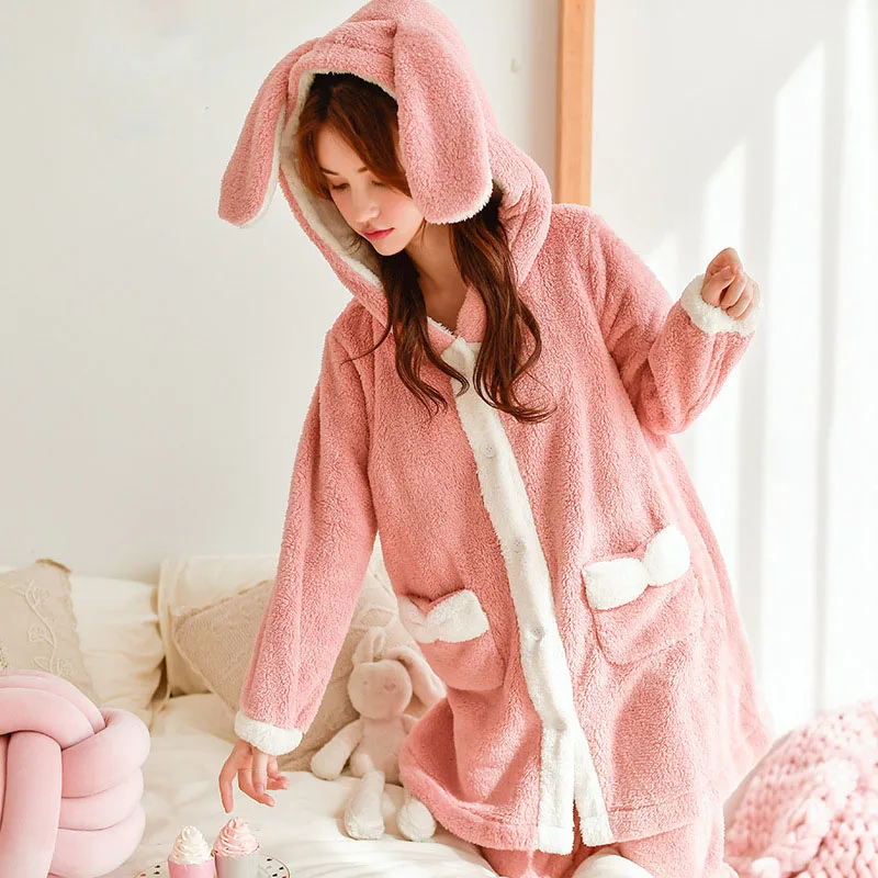 Женские пижамы из флиса комплект 2 предметов Пижама с милыми заячьими ушками