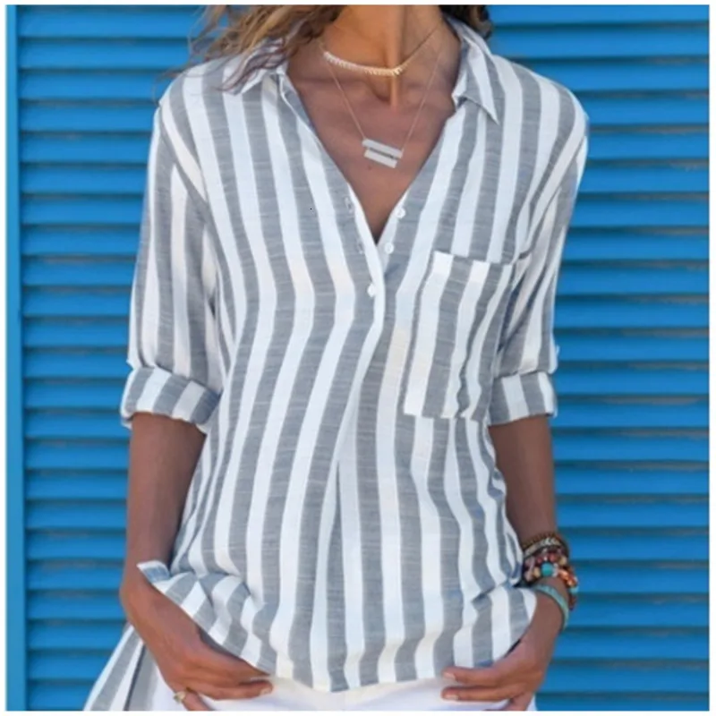 Осенние Топы для женщин 2019 Повседневная блуза в полоску с v-образным вырезом и