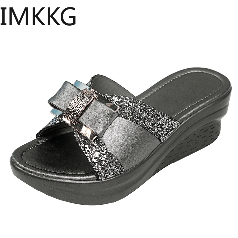 Женские шлепанцы Босоножки на танкетке Кожаные элегантные женские с открытым