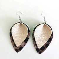 stock new double layers leopard leather earrings navy blue and gold metallic leather layered leaf lightweight dangle earrings