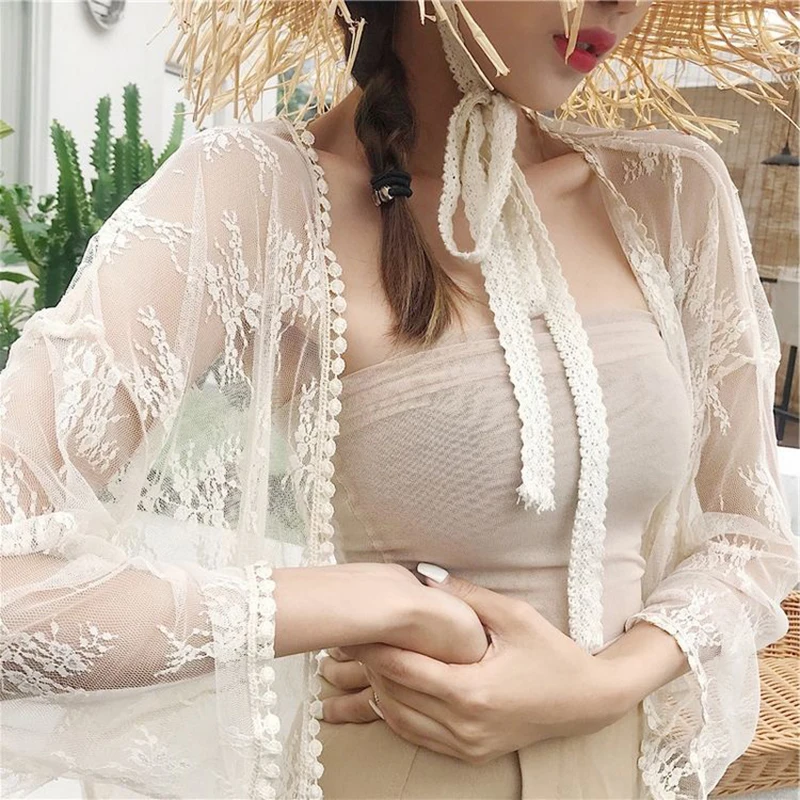 Женское длинное кимоно Geskeey белое кружевное пляжное с цветочным узором и