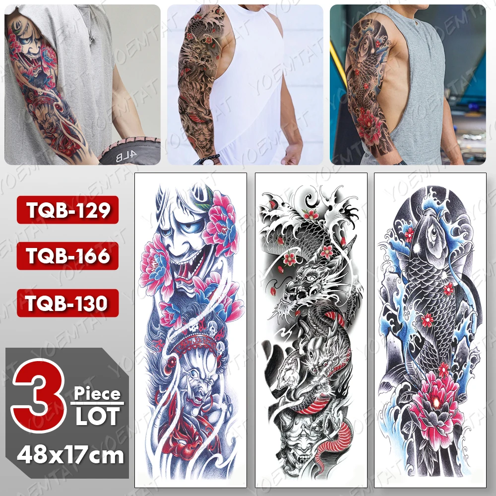 

3 pcs/lot Large Arm Sleeve Tattoo Japanese Dragon Waterproof Temporary Tatto Sticker Carp Body Art Full Fake Tatoo Women Men