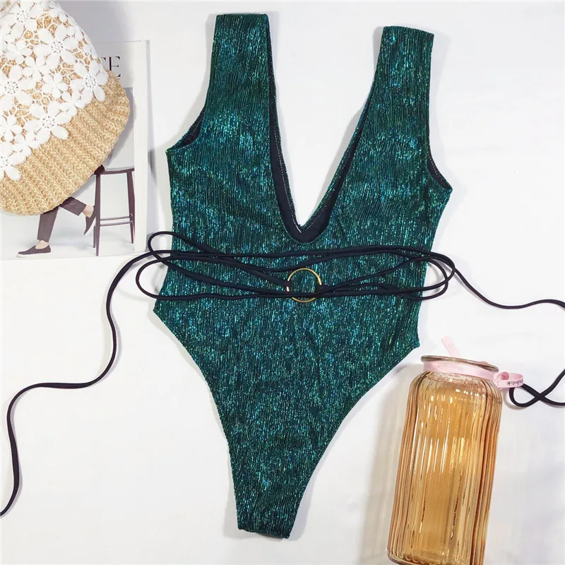 In-X Sexy deep v neck swimsuit one piece Ring swimwear women Green string bodysuit Monokini Bathing suit Bathers new | Спорт и