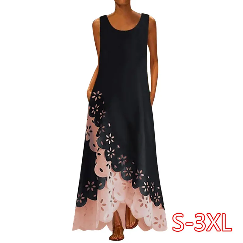 

2021 Summer Sundress Women Long Maxi Vestidos Patchwork Sleeveless O-neck Bohemian Dress Ladies Casual Long Tunic Robe vestidos