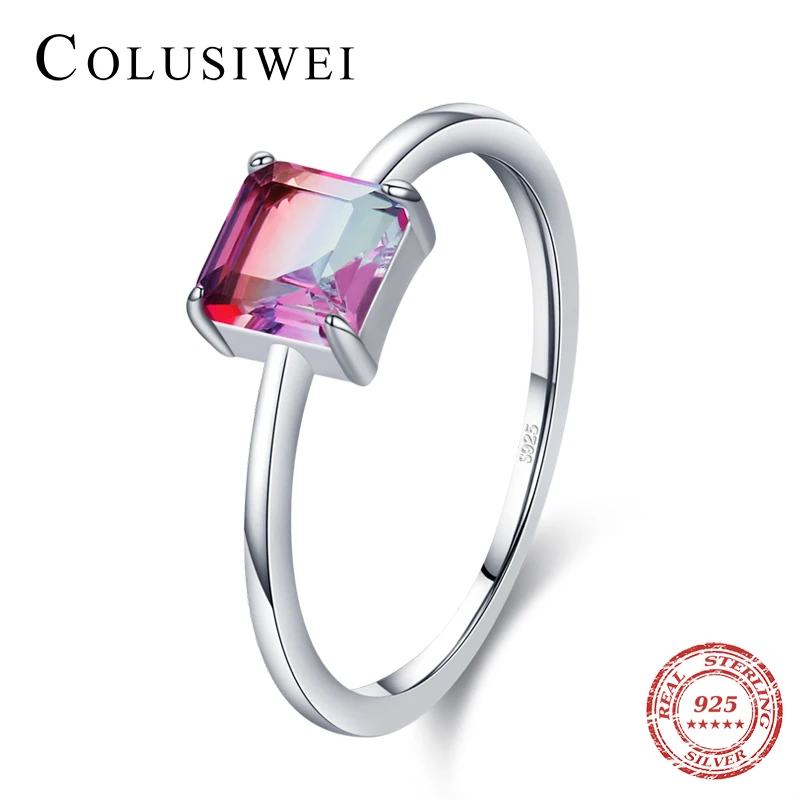 

Colusiwei 925 Sterling Silver Vintage Victoria Emerald Cut Rings Cute Colorful Tourmaline Finger Ring for Women Fine Jewelry