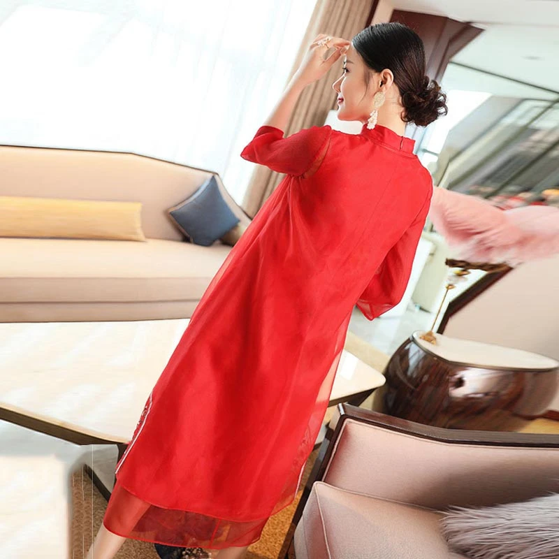 

2020 New Chinese Summer Dress Embroidery Cheongsam Women Qipao China Oriental Style Dresses Suit Classic Fairy Two Piece Set