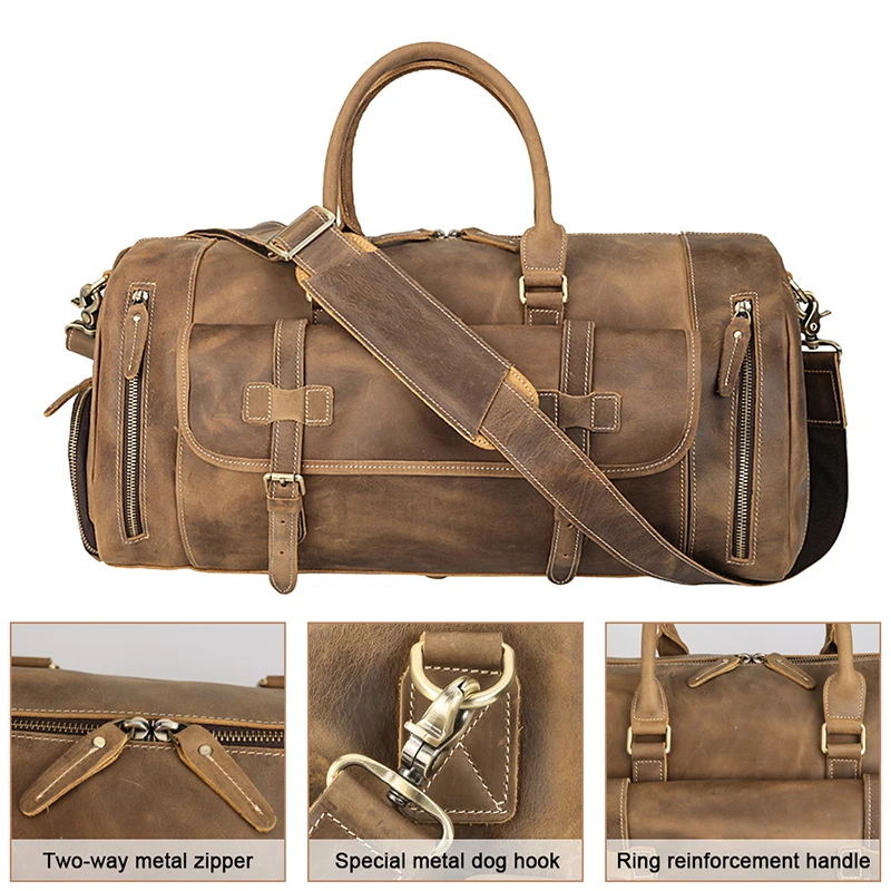 

TIDING Men's Real Leather Travel Luggage Bag Shoulder Bag Duffle Gym Overnight Handbag
