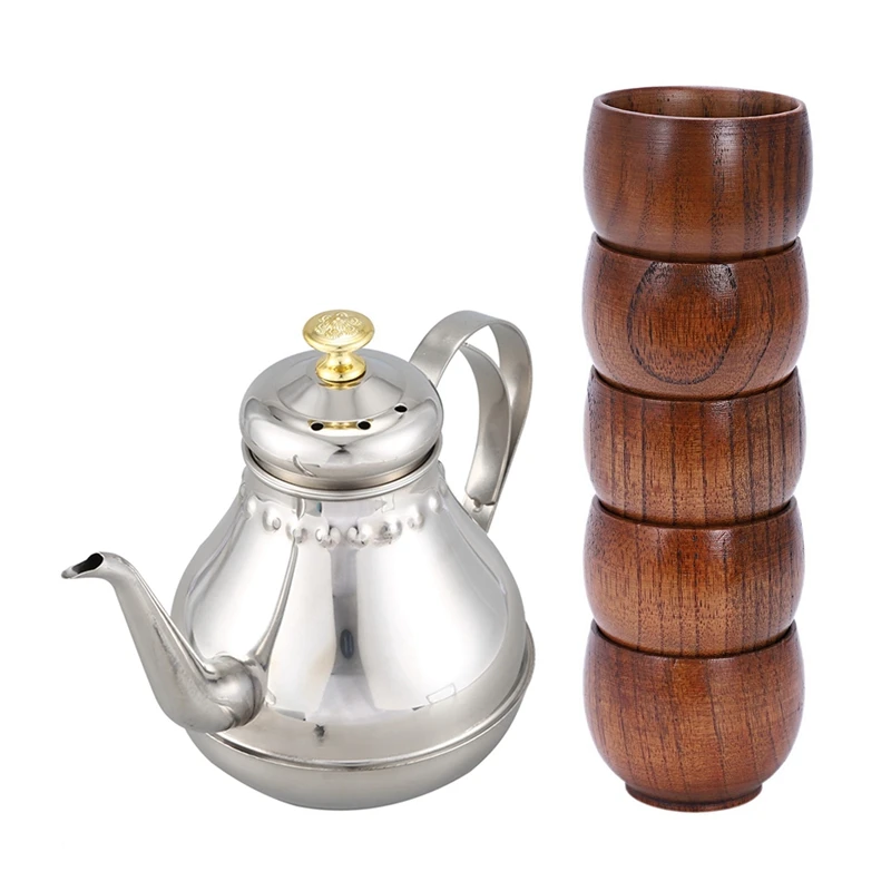5 шт. креативный чайный набор Маленькая деревянная чашка и 1 горшок из нержавеющей