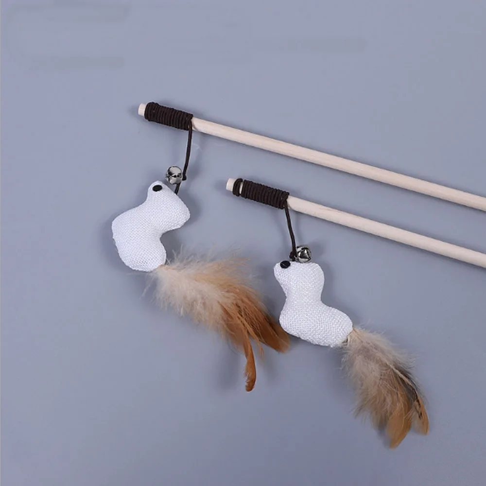 

Pet Cat Toy Linen Feather Cat-teeter Sticks Wooden Pole Linen False Mouse Funny Playing For Cats Colorful Feather Plush Toy