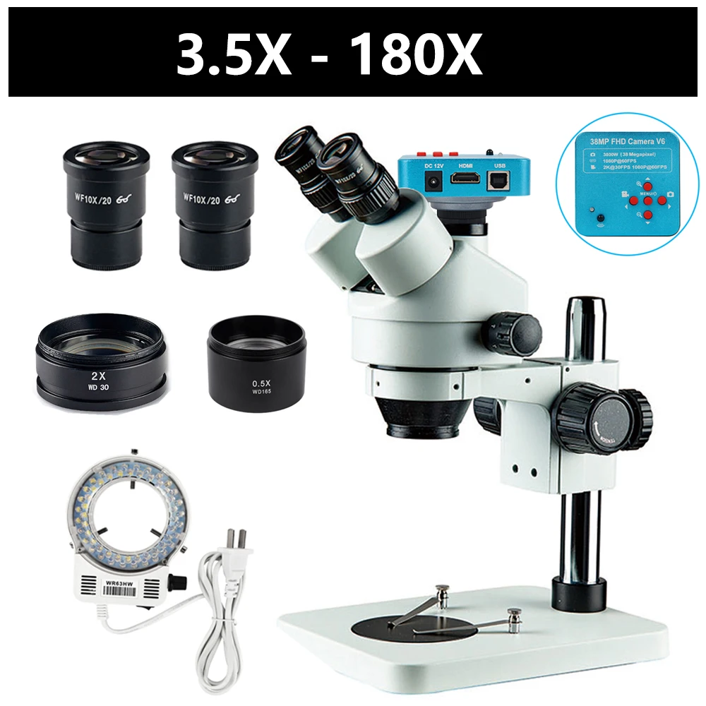 

Soldering Microscope Trinocular Simul Focal 3.5X-270X 180X 90X 45X Video Camera 38MP HDMI VGA Illumination Digital Professional