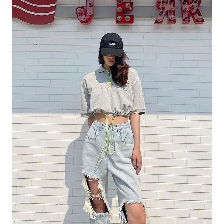 

Retro pierced jeans women's BF straight baggy daddy pants summer thin high waisted slim wide leg pants