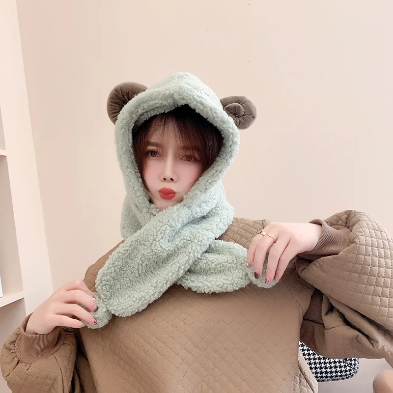Kasure женская зимняя теплая плюшевая цельная шапка шарф с овечьими ушками меховая