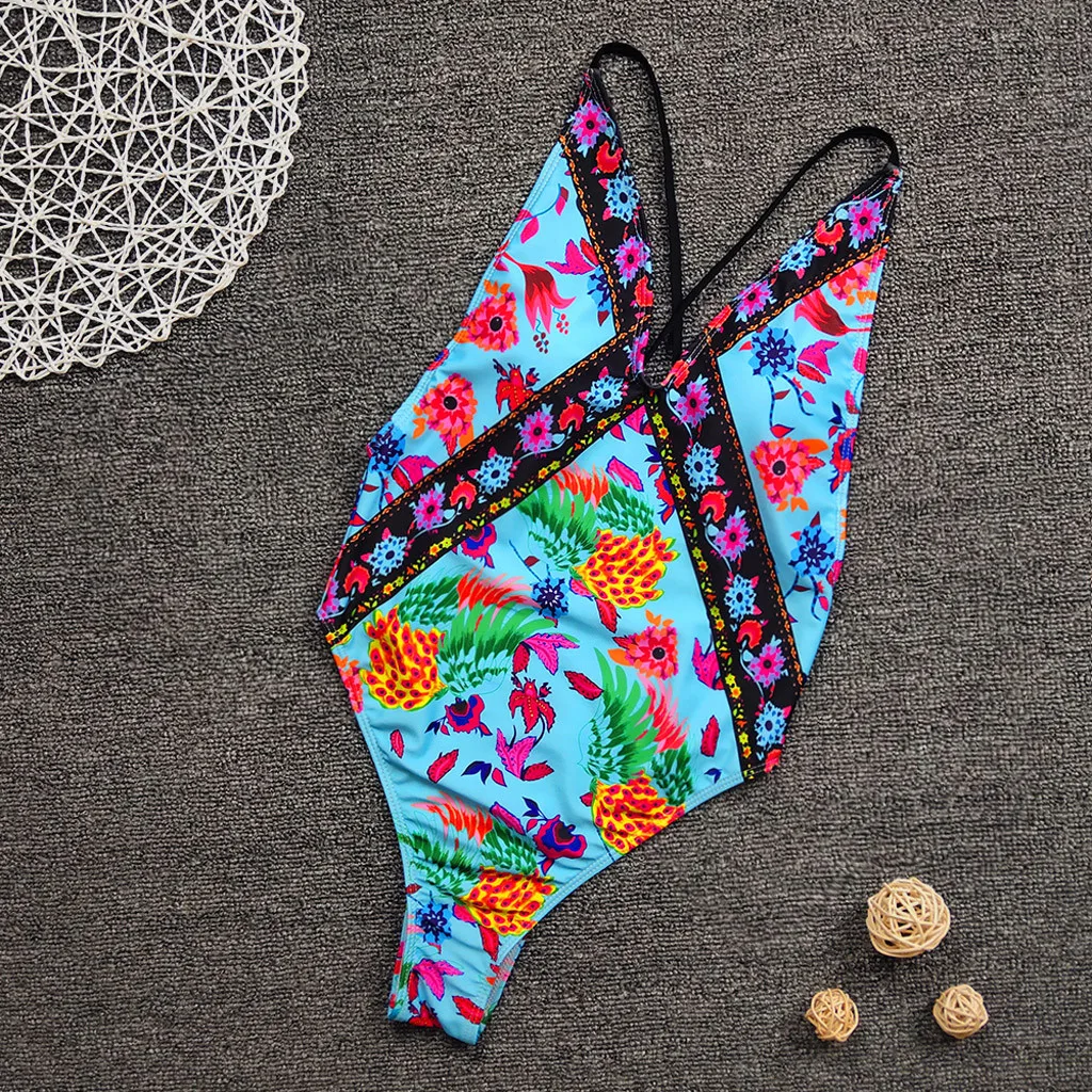 Boho v neck Floral Print Bandeau One Piece Swimsuit Summer Sandy Swimwear Beach wear Swimming Suit maillot de bain femme tankini |