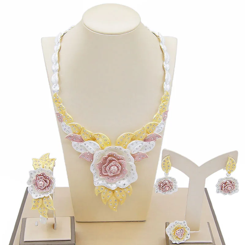 

Yulaili New Dubai Jewelry Sets Austria Crystal Tri-color Big Flower Pendant Necklace Earrings Nigeria Wedding African Bijoux