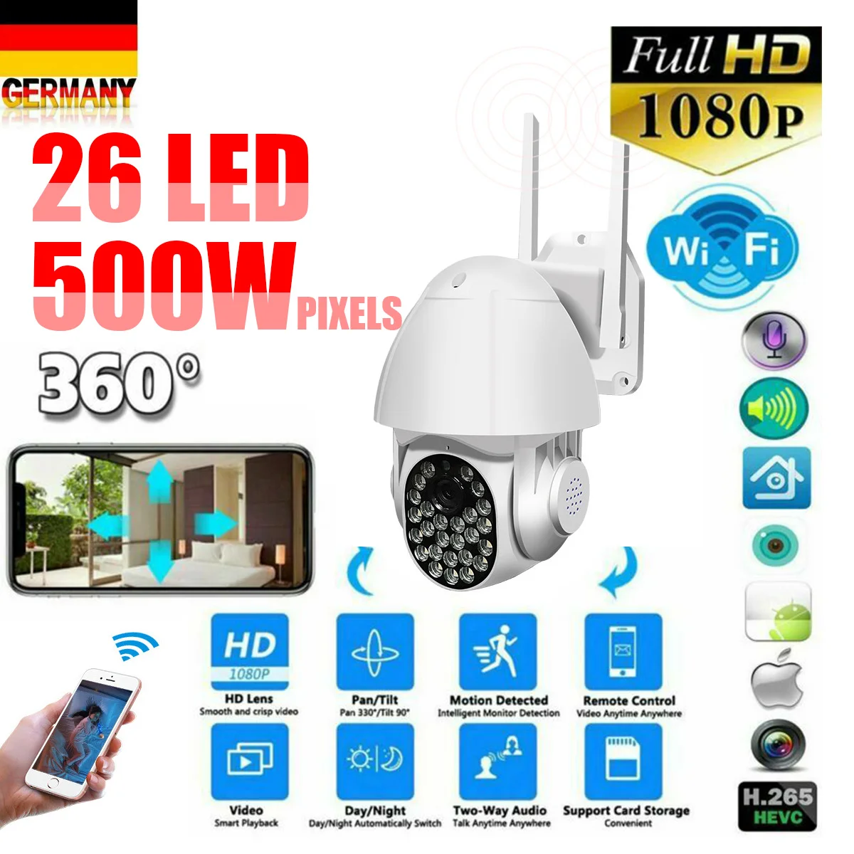 Купольная беспроводная камера видеонаблюдения 1080P Wi-Fi PTZ 4-кратный зум P2P |