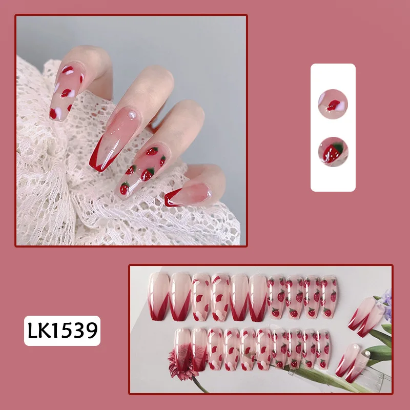

High Quality 24pcs Strawberry Printed Nail Patch Glue Type Removable Long Paragraph Fashion Manicure Save Time False Nail Patch