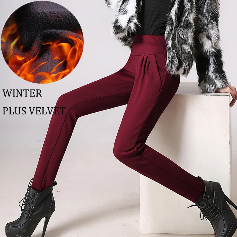 wine plus velvet Новые модные женские элегантные повседневные шаровары с высокой талией, офисные свободные штаны с карманами размера плюс 6XL, женские зимние штаны - Цвет: wine plus velvet