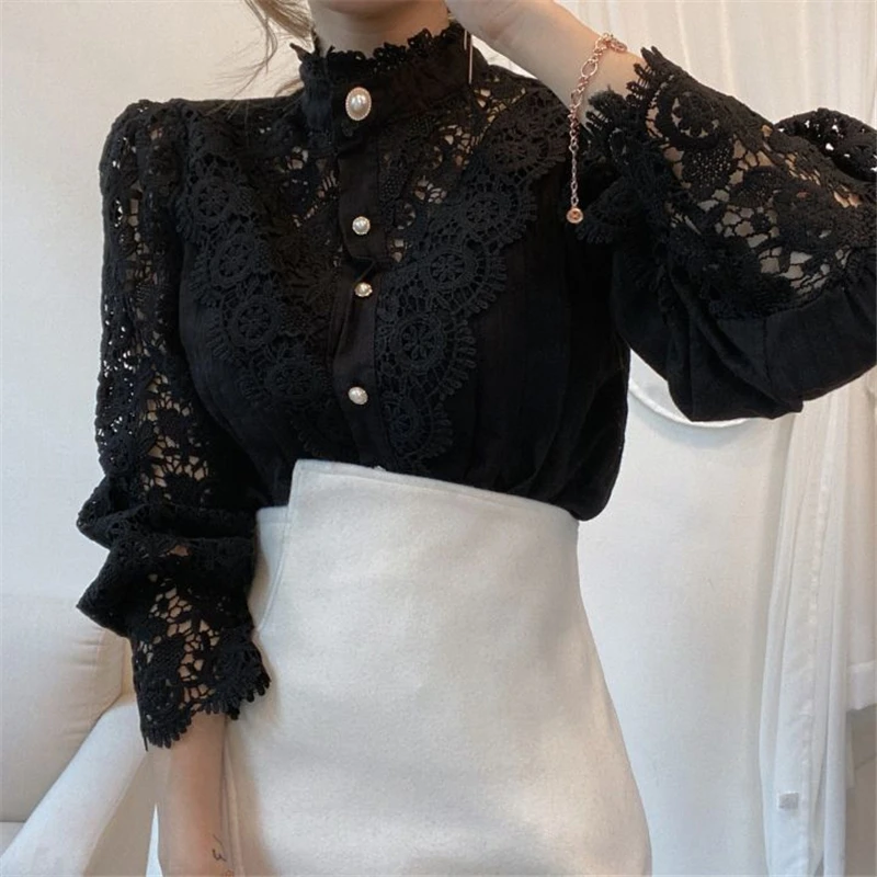 

2021 Spring Fashion New Style Temperament Pure Color Lace Hollow Stand Collar Pearl Button Long Sleeve Shirt Female Top Trend
