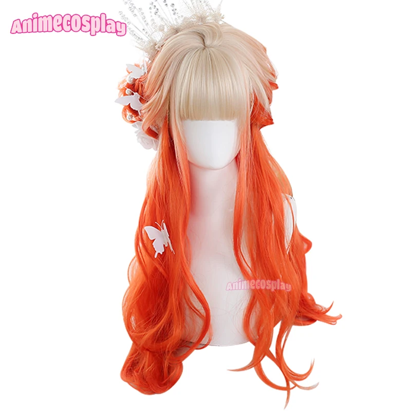 

Animecosplay 60cm Cream Gradient Orange Lolita Wigs Women Long Curly Mixed Color Synthetic Wave Cosplay Hair With Flat Bangs