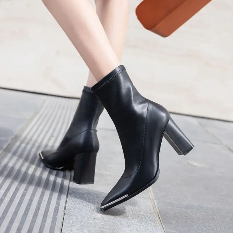 

RIZABINA Women Ankle Boots Square Toe High Heel Winter Shoes Slip On Warm Fashion Short Boots Office Lady Footwear Size 34-39