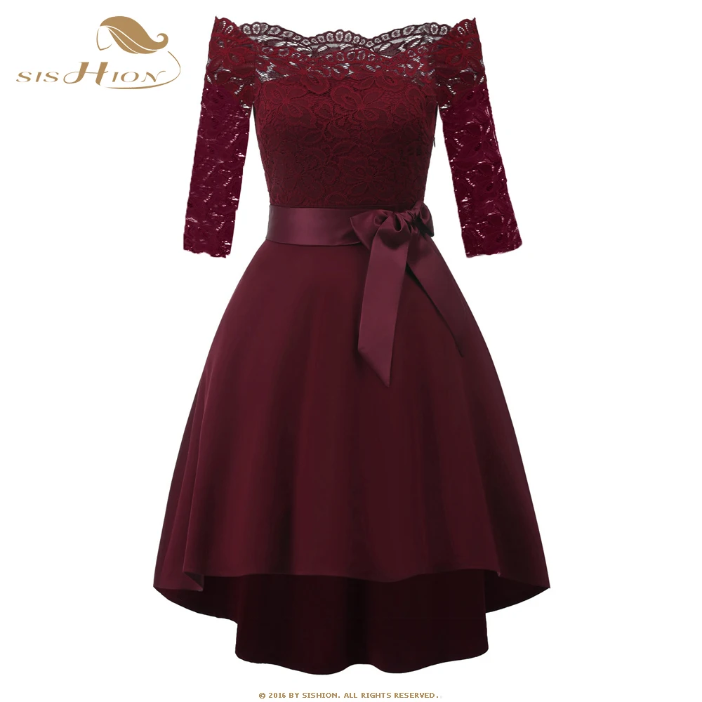 

SISHION Claret Color Cocktail Dress 2022 Summer Slash Neck Lace Stitching Wedding Dress Swallowtail women's clothing SP1772