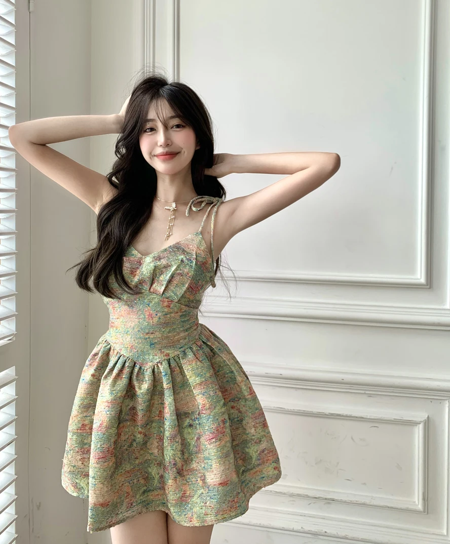 

Fairy Dress Suspender Skirt Floral Dress Women's Clothing 2021 Summer New French Style Temperament Tight Waist Sexy Short Skirt