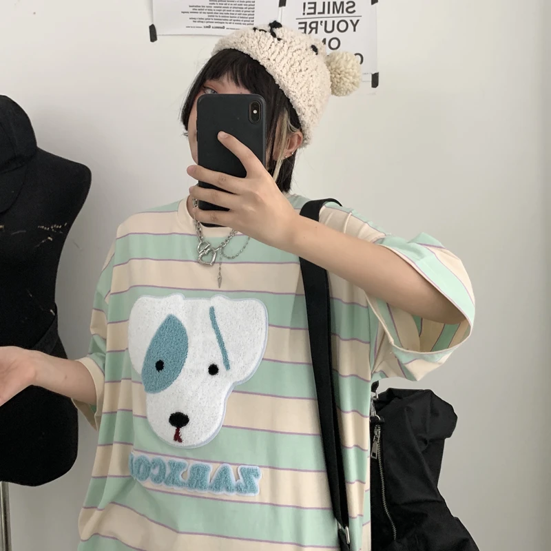

Harajuku Men and Women Summer Retro Striped Top Cute Cartoon Doll Embroidery Short Sleeve T-shirt Cotton Loose Oversize T-shirt