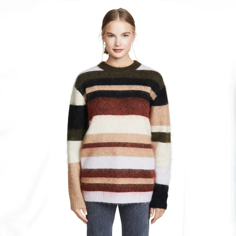 Woman Rainbow Striped Mohair Sweater Loose Long sleeve women sweater Round Neck Pullover Crop | Женская одежда
