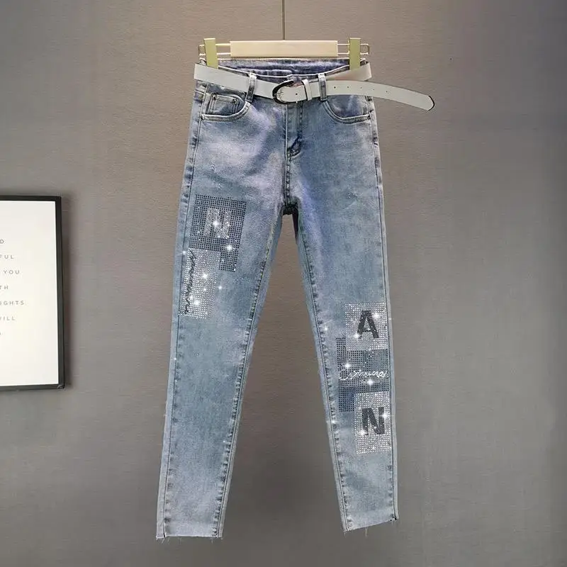 

Donsignet Thin Jeans Women's Summer 2021 New Stretch Slim Slimming Letters Hot Rhinestone Pencil Pants Jeans Feminino